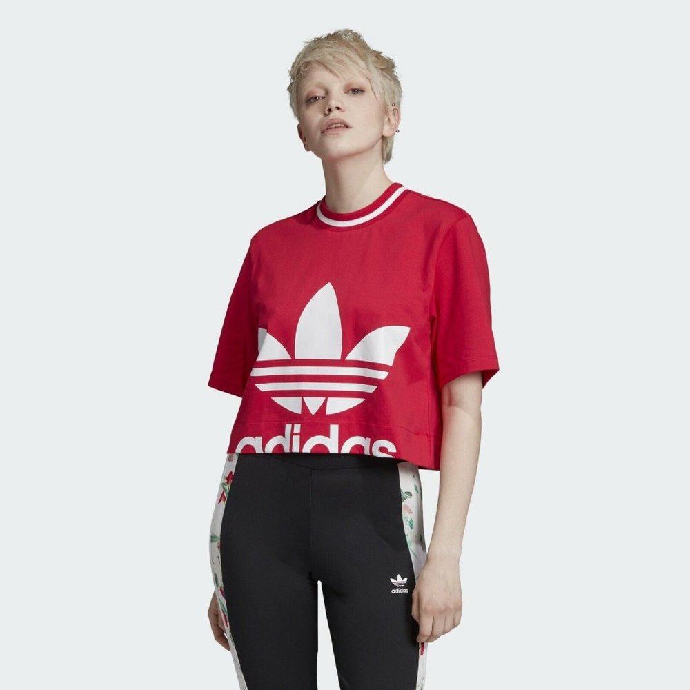 Adidas Trefoil Women’s Athletic Casual Cropped Tee Pink Logo Graphic T-Shirt - Picture 2 of 7